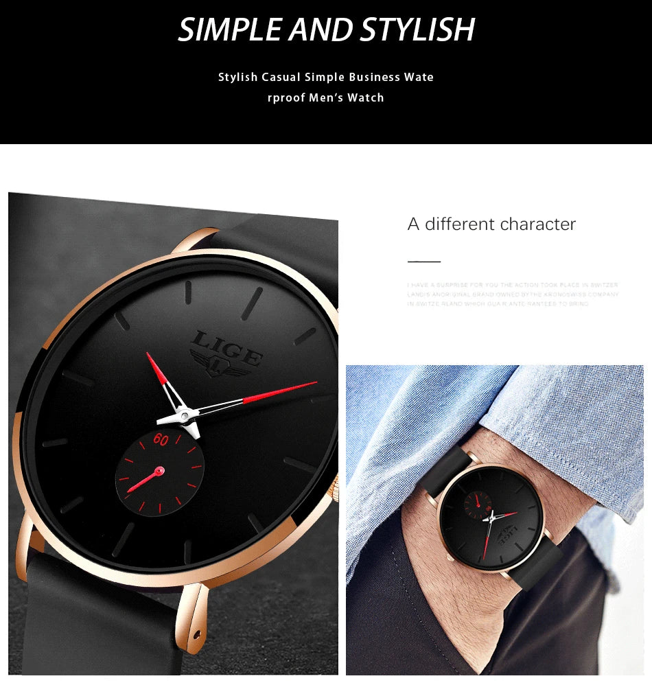 LIGE New Top Brand Luxury Sport Waterproof Ultra Thin Men's Quartz Watch