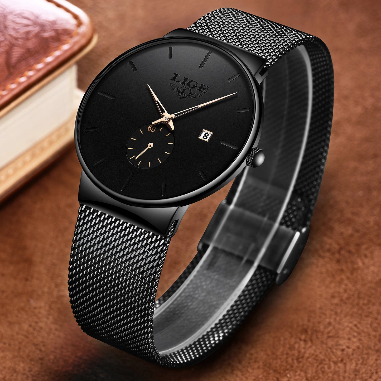 LIGE Luxury Top Brand Slim Mesh Steel Quartz Waterproof Fashion Men's Watch