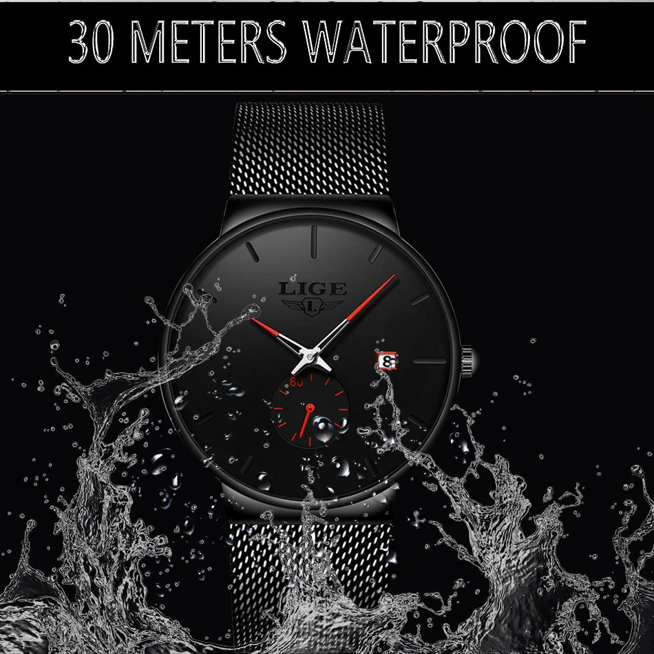 LIGE Luxury Top Brand Slim Mesh Steel Quartz Waterproof Fashion Men's Watch