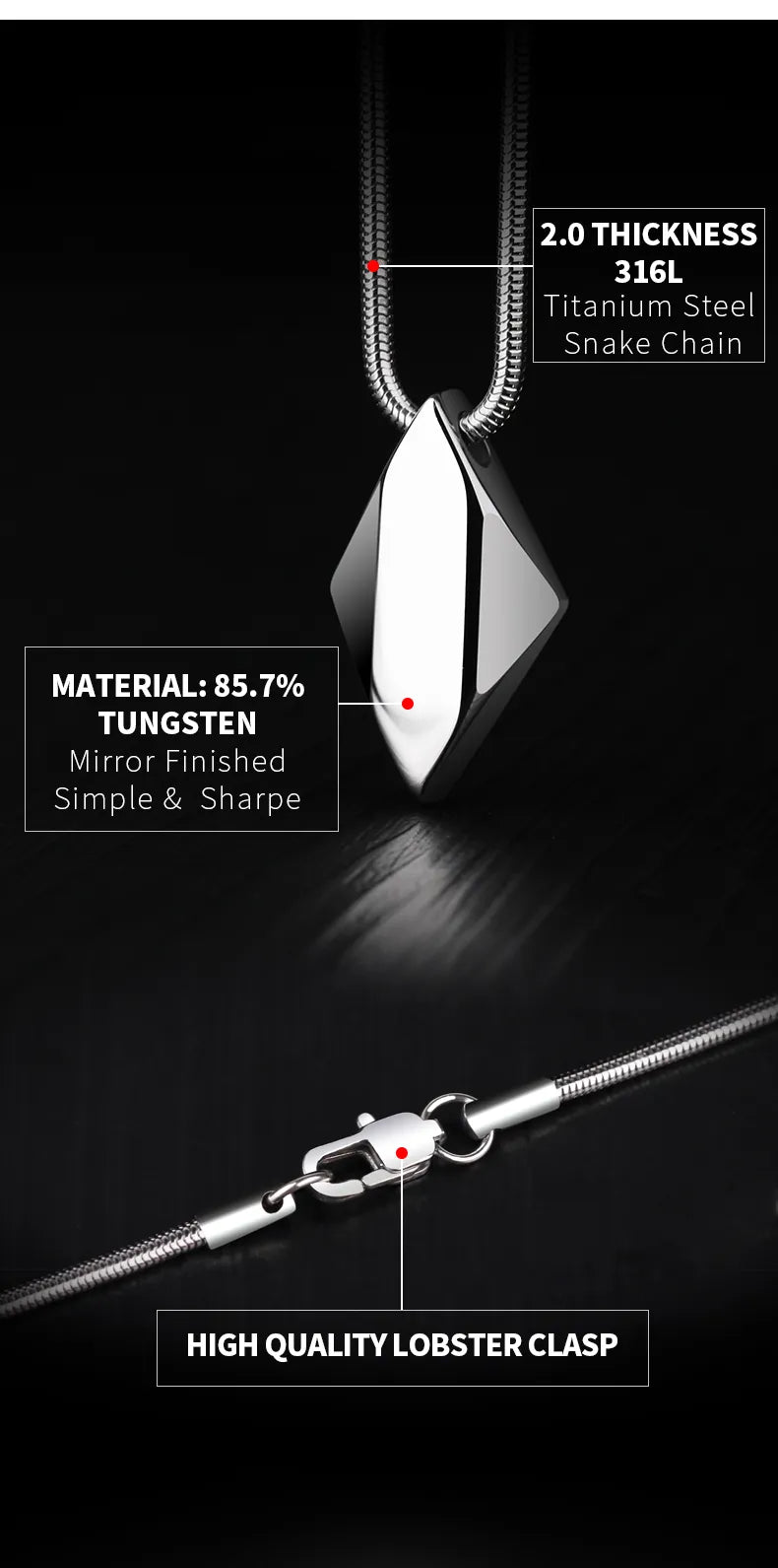 Polished Tungsten Carbide Pendant Necklace for Men with 45/50/55cm Chain