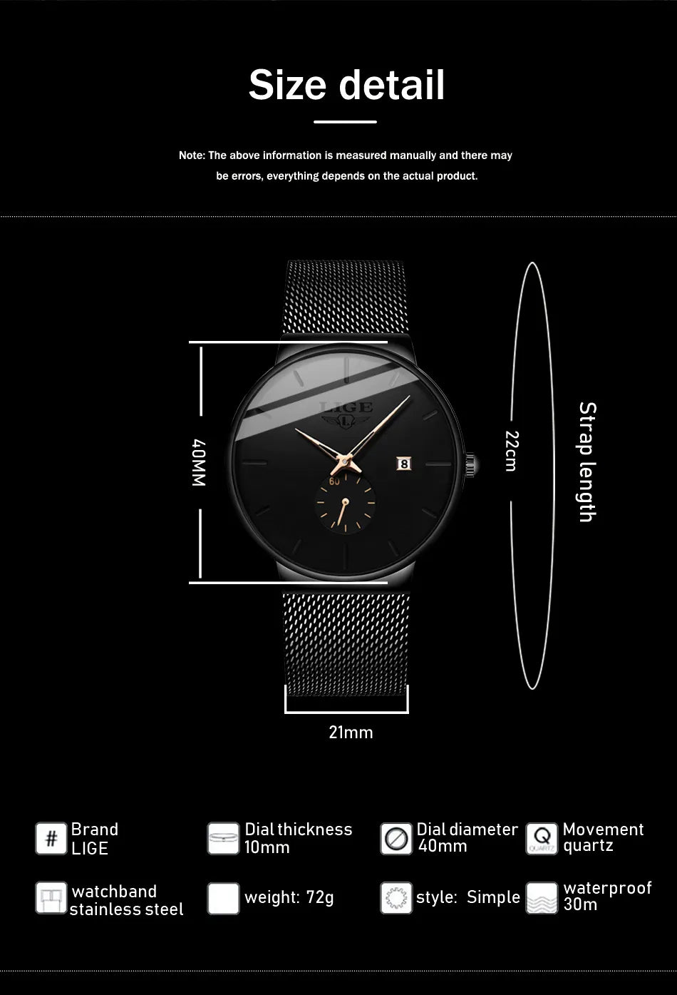 LIGE Luxury Top Brand Slim Mesh Steel Quartz Waterproof Fashion Men's Watch