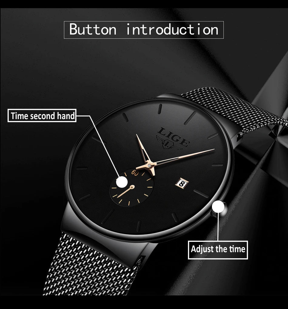 LIGE Luxury Top Brand Slim Mesh Steel Quartz Waterproof Fashion Men's Watch