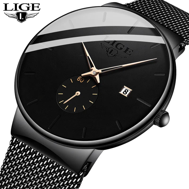 LIGE Luxury Top Brand Slim Mesh Steel Quartz Waterproof Fashion Men's Watch