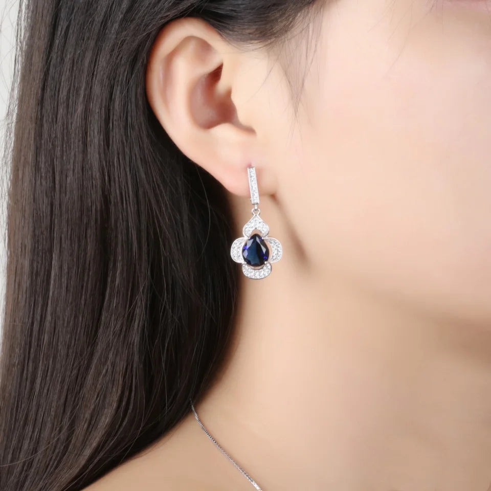 Blue Sapphire Drop Earrings Gemstone Genuine 925 Sterling Silver