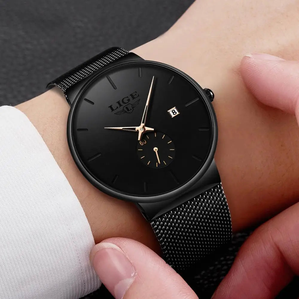 LIGE Luxury Top Brand Slim Mesh Steel Quartz Waterproof Fashion Men's Watch