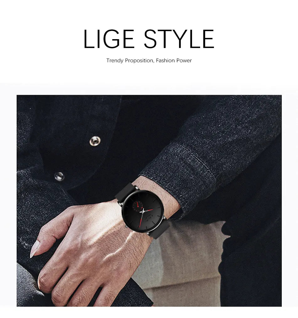 LIGE New Top Brand Luxury Sport Waterproof Ultra Thin Men's Quartz Watch