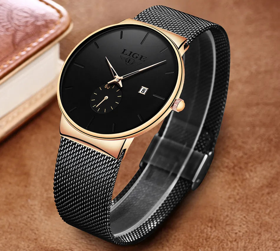 LIGE Luxury Top Brand Slim Mesh Steel Quartz Waterproof Fashion Men's Watch