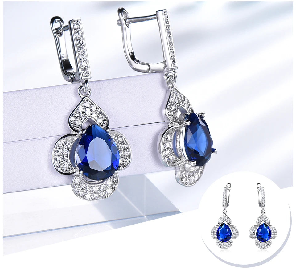 Blue Sapphire Drop Earrings Gemstone Genuine 925 Sterling Silver