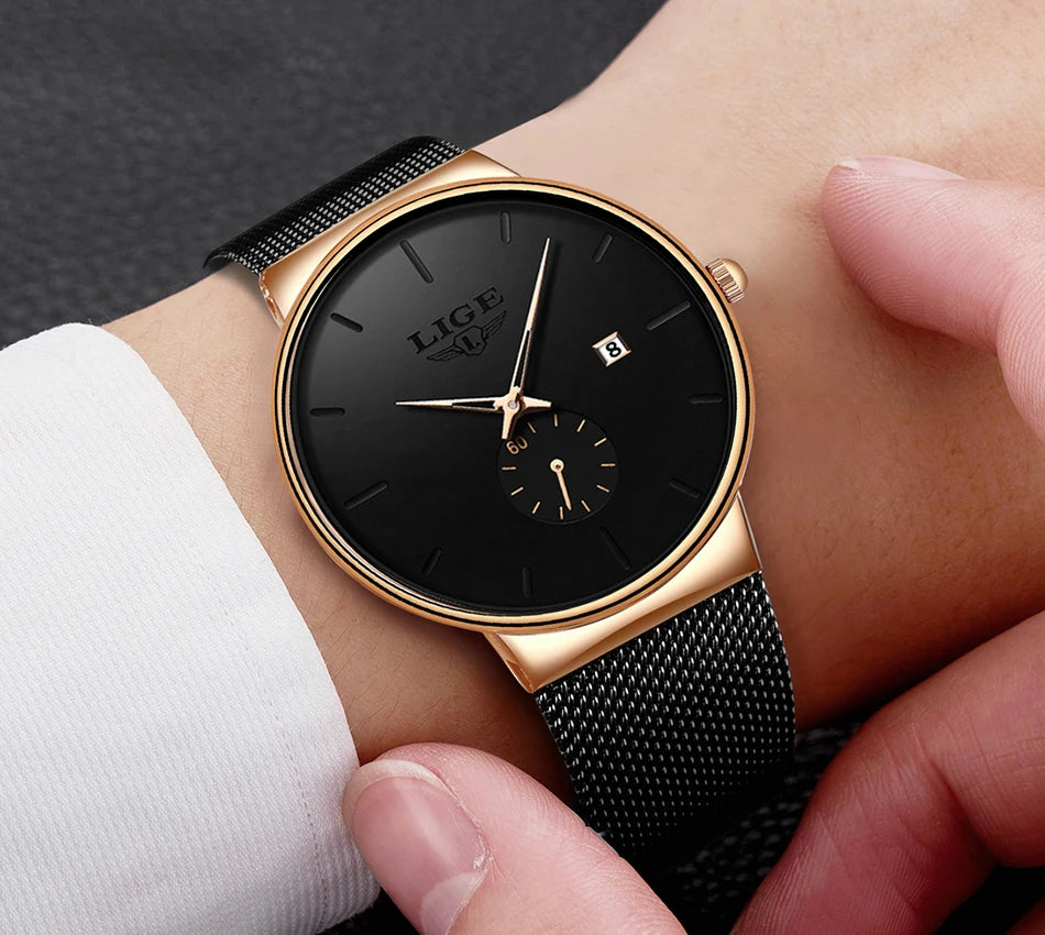 LIGE Luxury Top Brand Slim Mesh Steel Quartz Waterproof Fashion Men's Watch