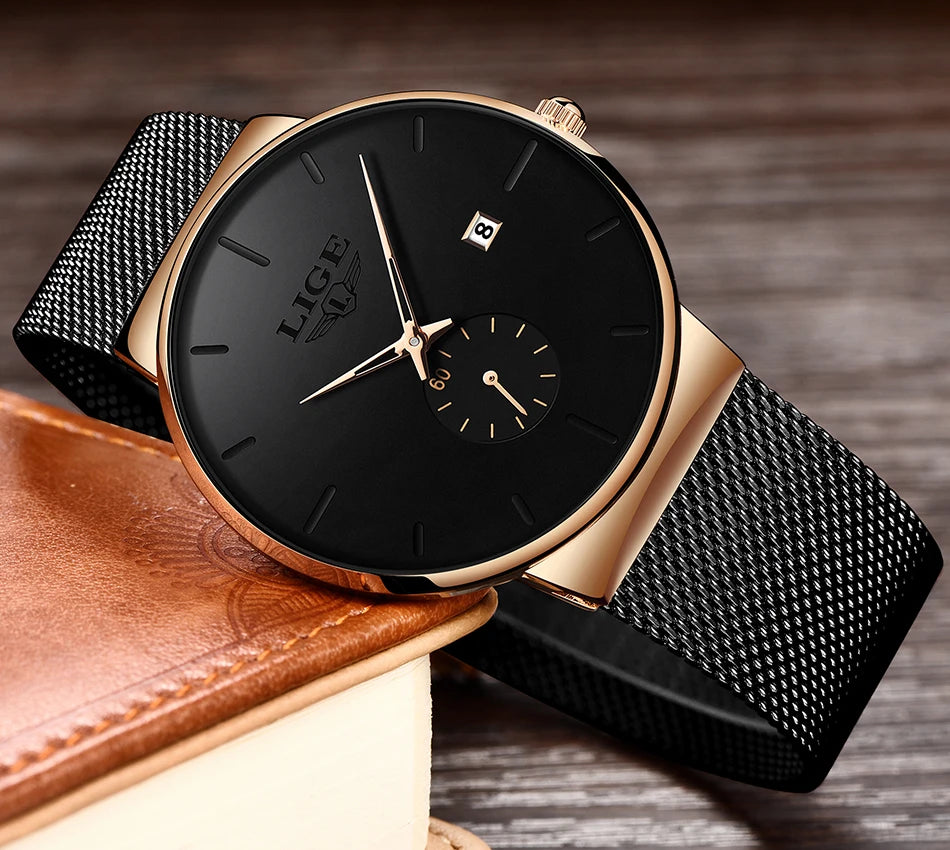 LIGE Luxury Top Brand Slim Mesh Steel Quartz Waterproof Fashion Men's Watch