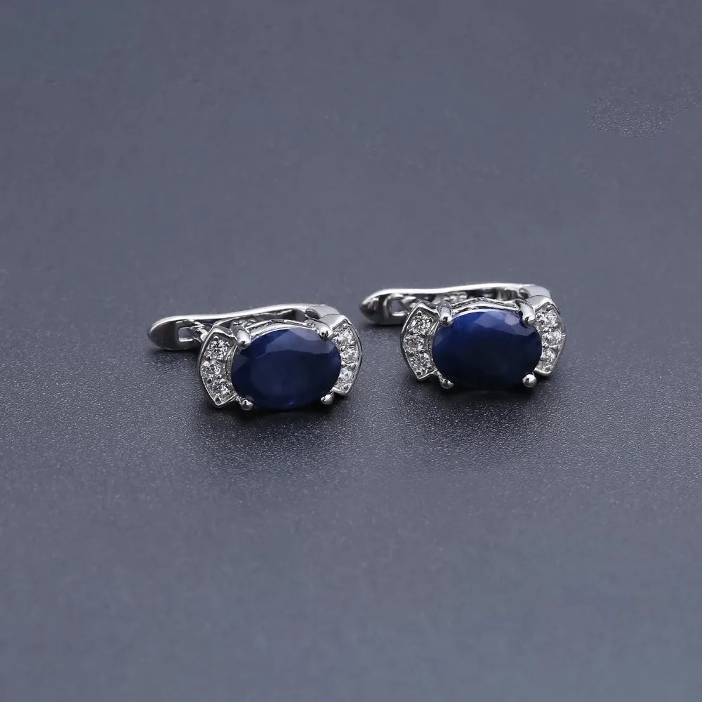 GEM'S BALLET New 2.02Ct Oval Natural Blue Sapphire Classic Earrings 925 Sterling Silver Stud Earrings