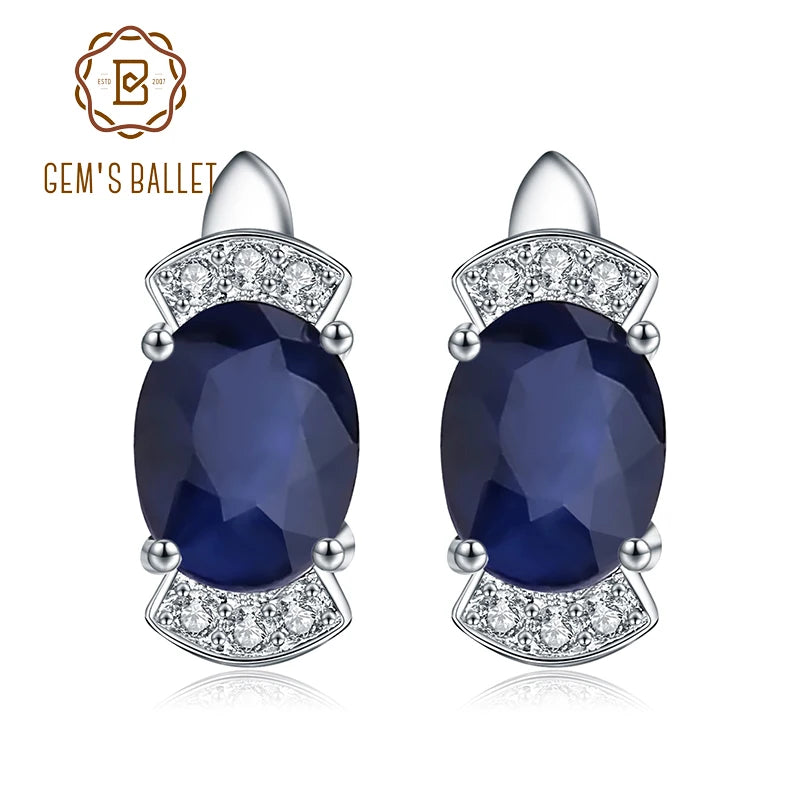 GEM'S BALLET New 2.02Ct Oval Natural Blue Sapphire Classic Earrings 925 Sterling Silver Stud Earrings