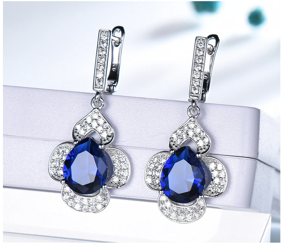 Blue Sapphire Drop Earrings Gemstone Genuine 925 Sterling Silver