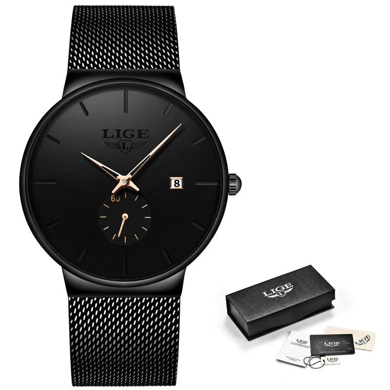 LIGE Luxury Top Brand Slim Mesh Steel Quartz Waterproof Fashion Men's Watch