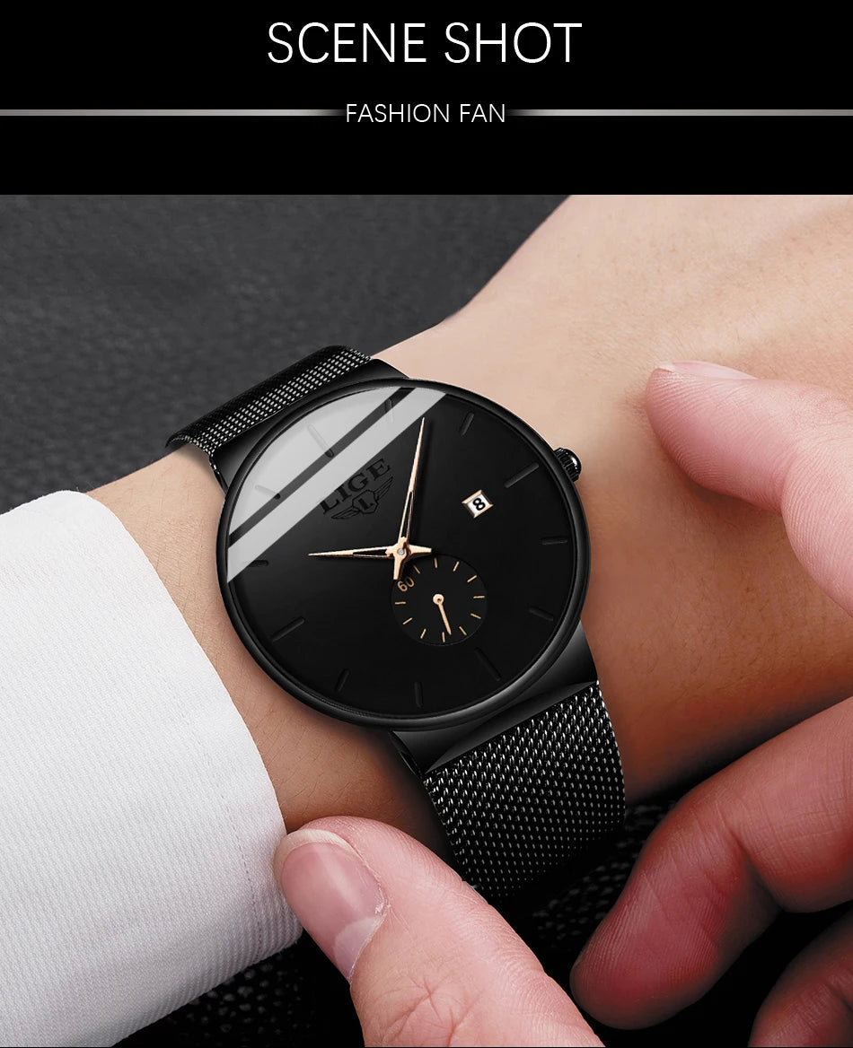 LIGE Luxury Top Brand Slim Mesh Steel Quartz Waterproof Fashion Men's Watch