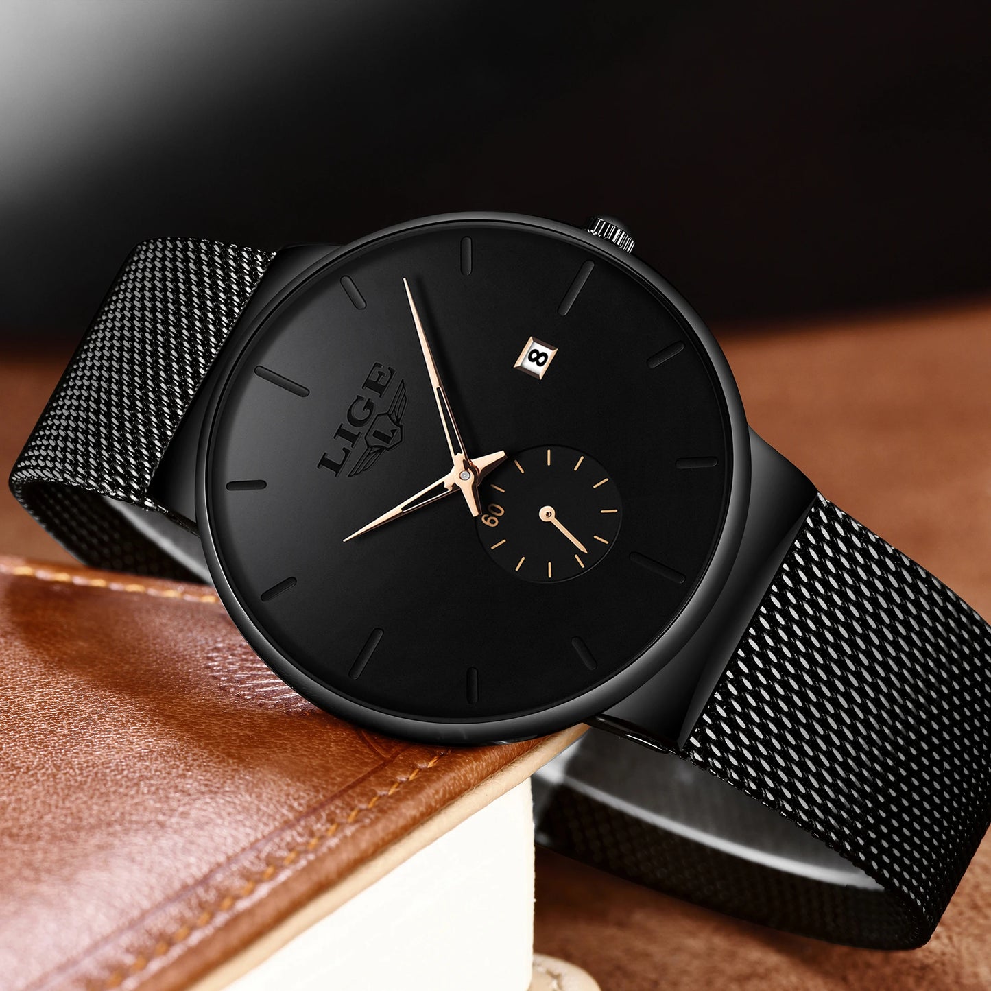 LIGE Luxury Top Brand Slim Mesh Steel Quartz Waterproof Fashion Men's Watch