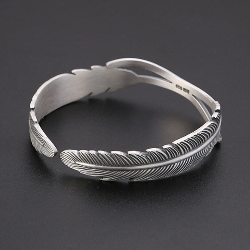 Solid 999 Sterling Silver Vintage Double Feather Bracelet Man woman 
Silver Classical Feather Open Bangle Jewelry - littleblackbears