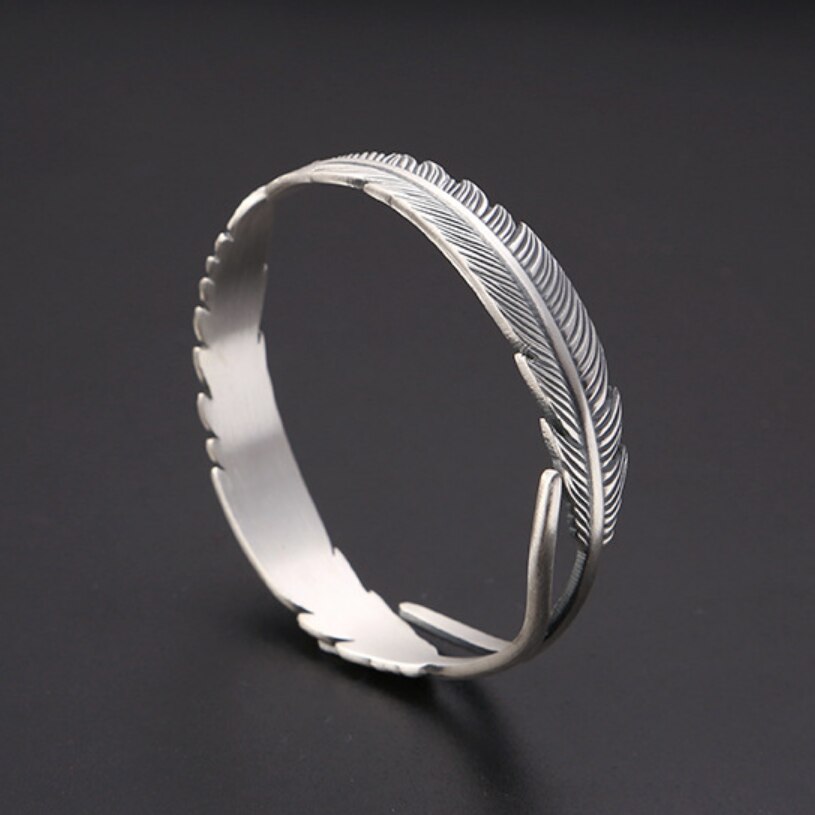 Solid 999 Sterling Silver Vintage Double Feather Bracelet Man woman 
Silver Classical Feather Open Bangle Jewelry - littleblackbears