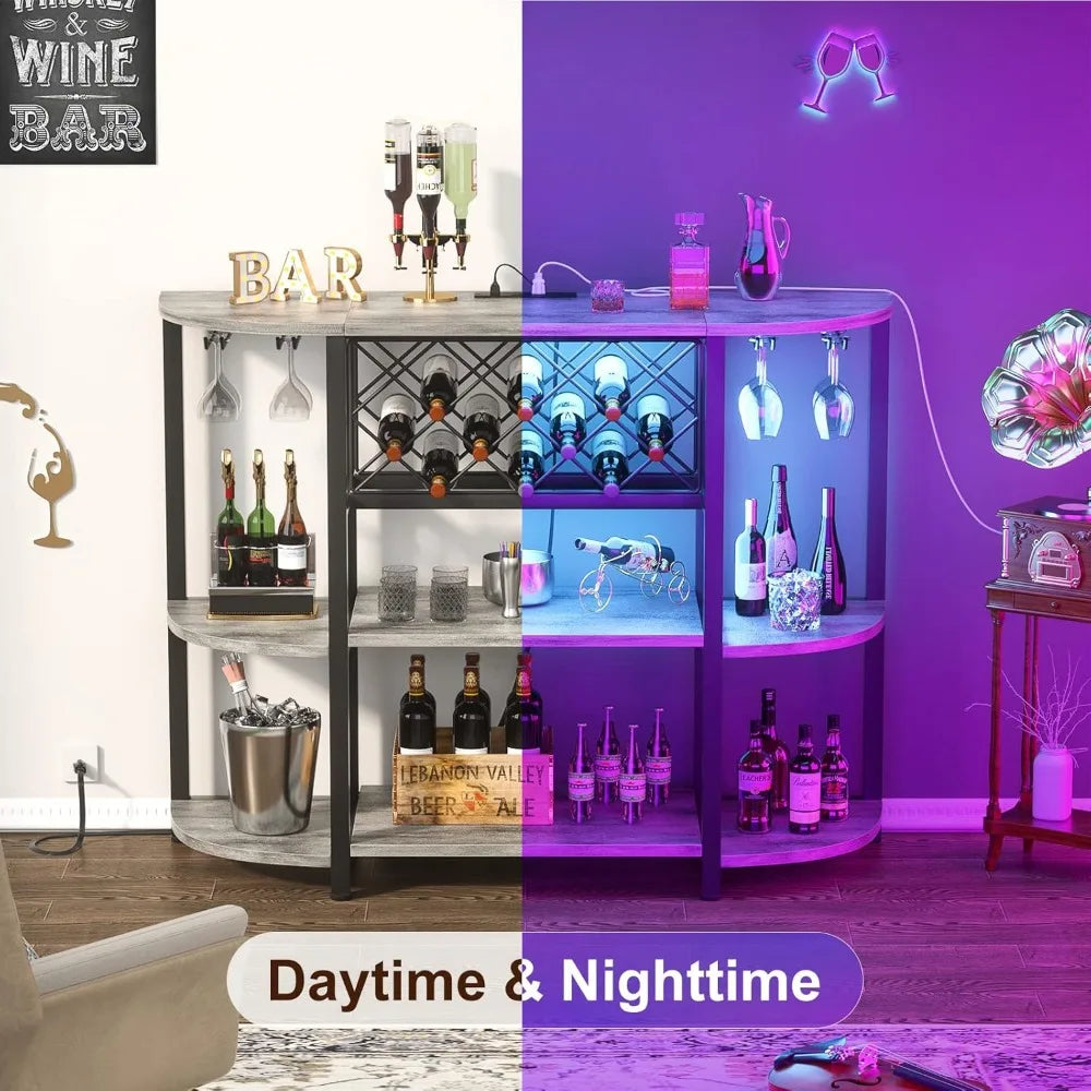 Free Standing 4-Tier Metal Cabinet with Outlet and LED Light for Liquor/ Glass Holder/ Wine Rack Storage