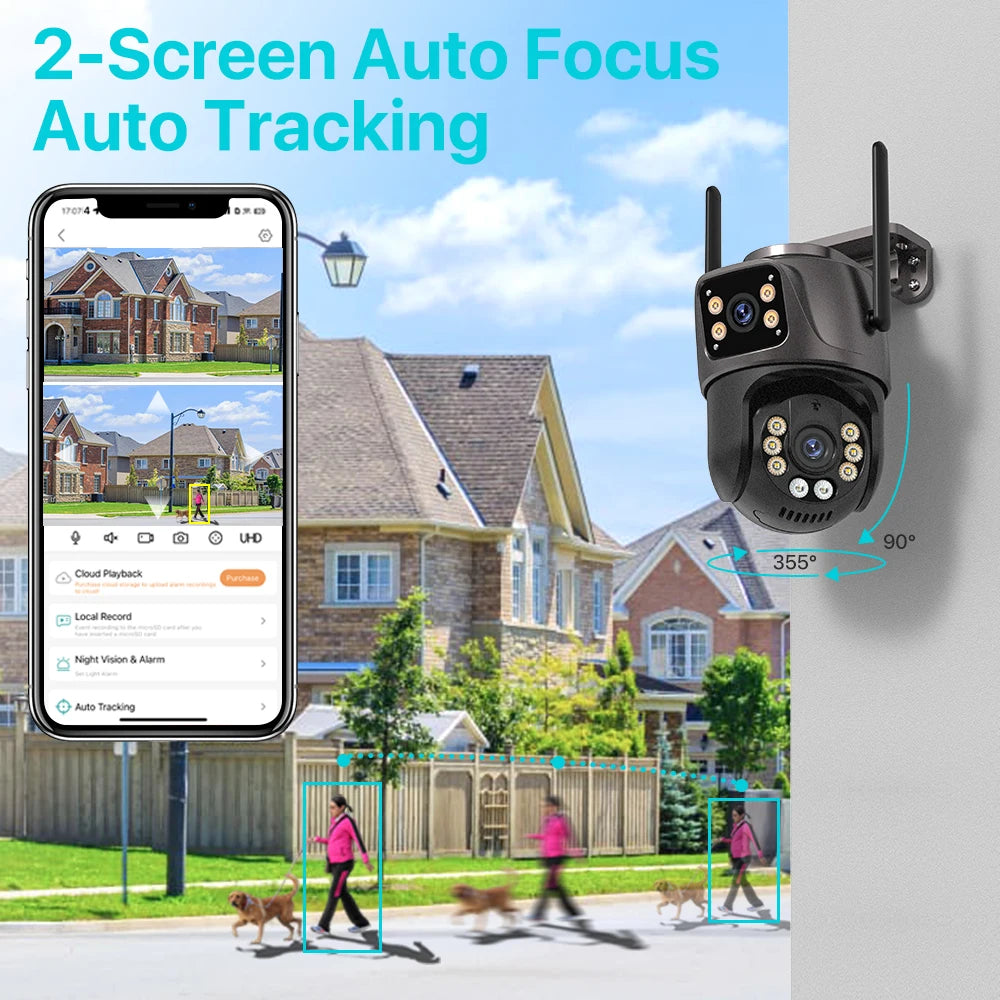 4K HD Wifi Outdoor Camera 4MP Dual Lens Dual Screen Auto Tracking Audio Video Surveillance