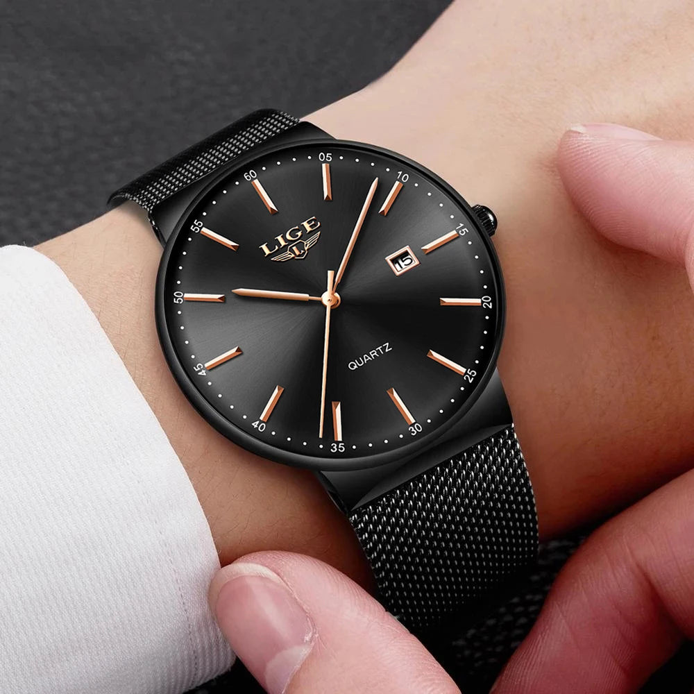 LIGE Men's Ultra Thin Waterproof Fashion Quartz Watch with Date