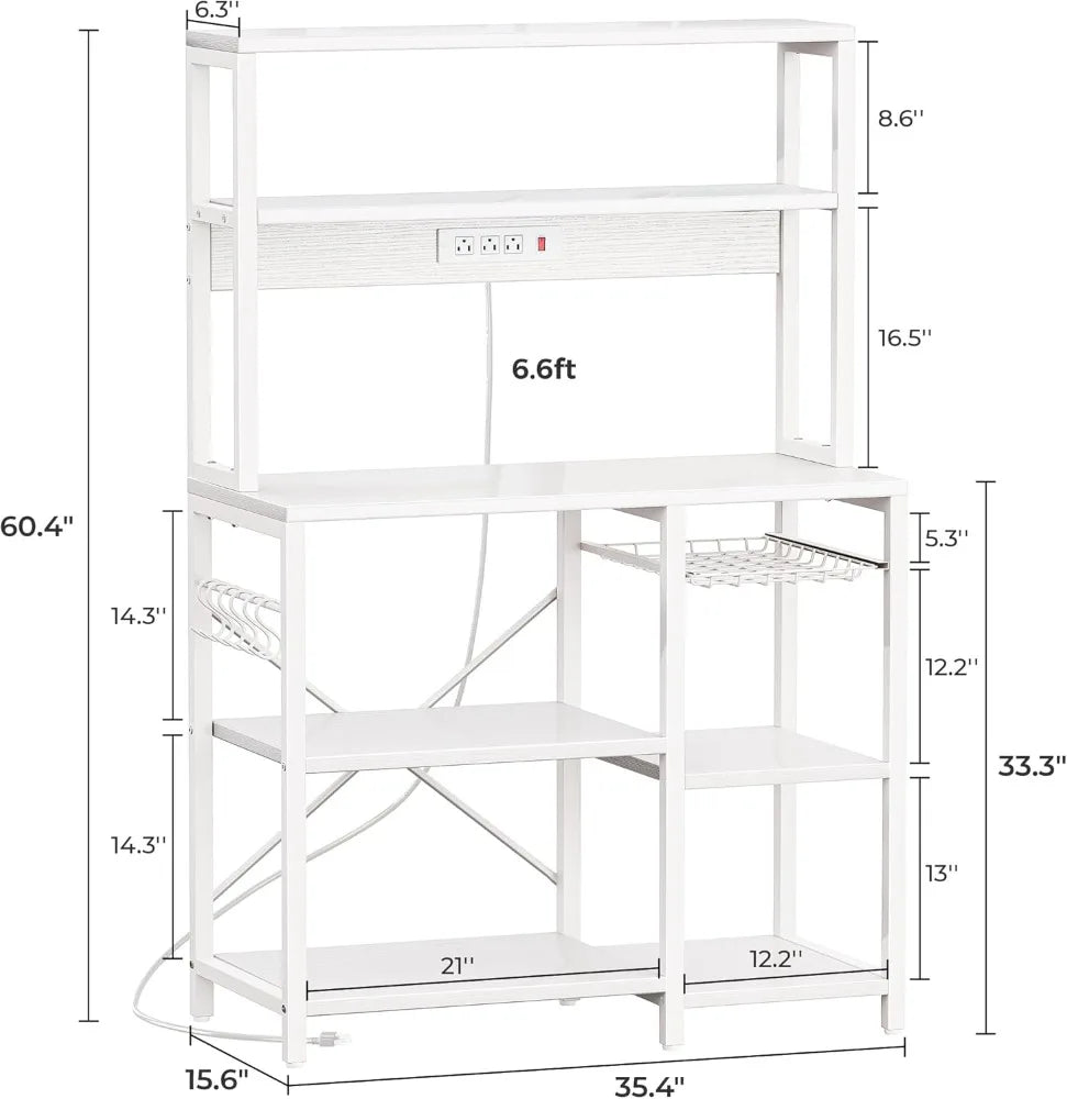 SUPERJARE Bakers Rack/Coffee Bar with Power Outlet, Wire Basket, & 6 S-Shaped Hooks