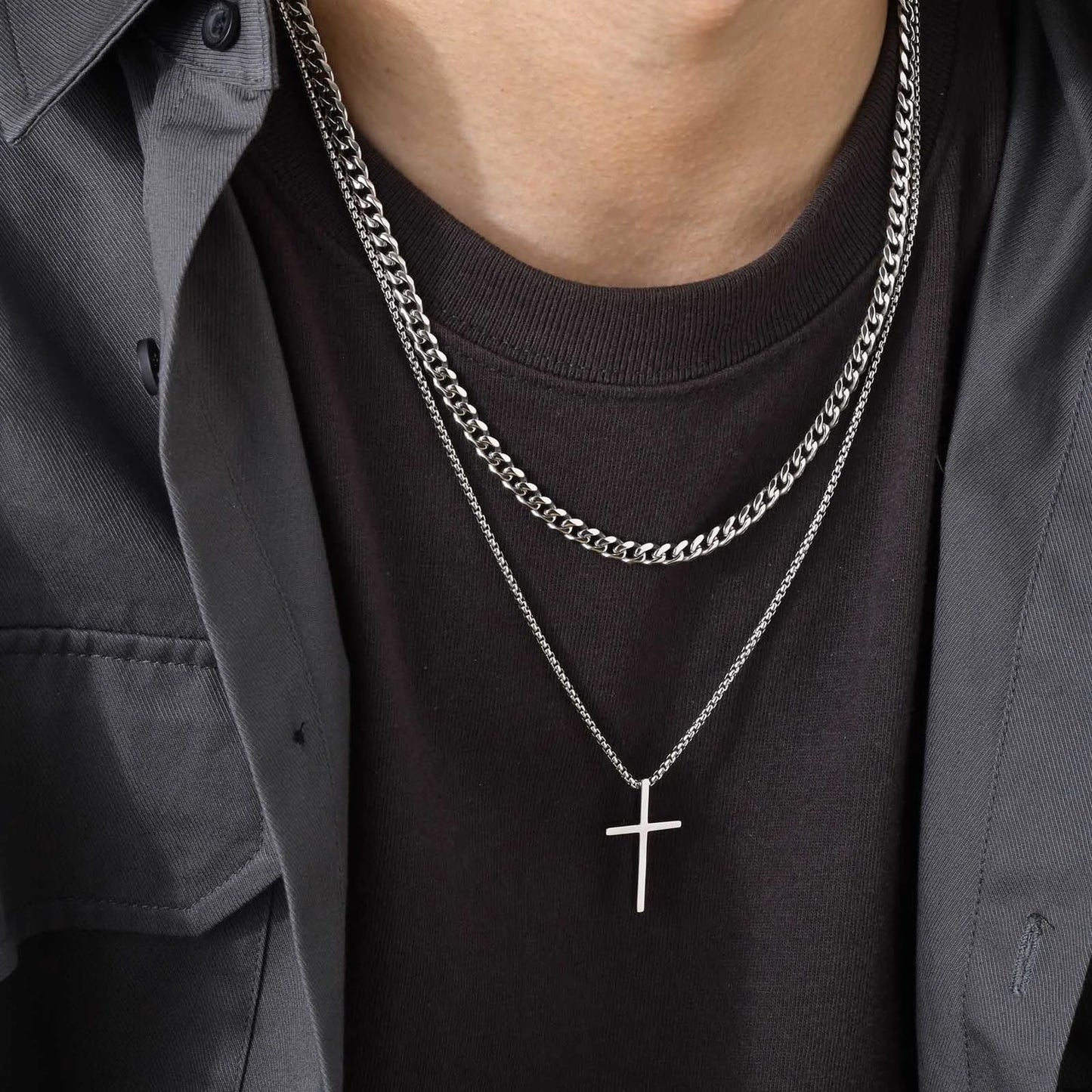 Vnox Men's Stainless Layered Steel Cross Necklace