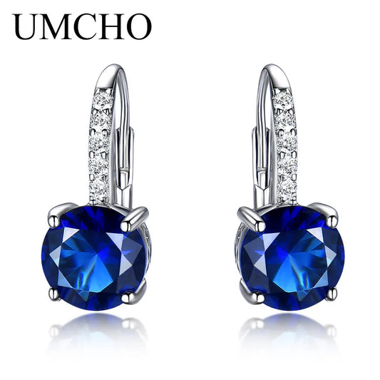 Solid 925 Sterling Silver Created Blue Sapphire Earrings