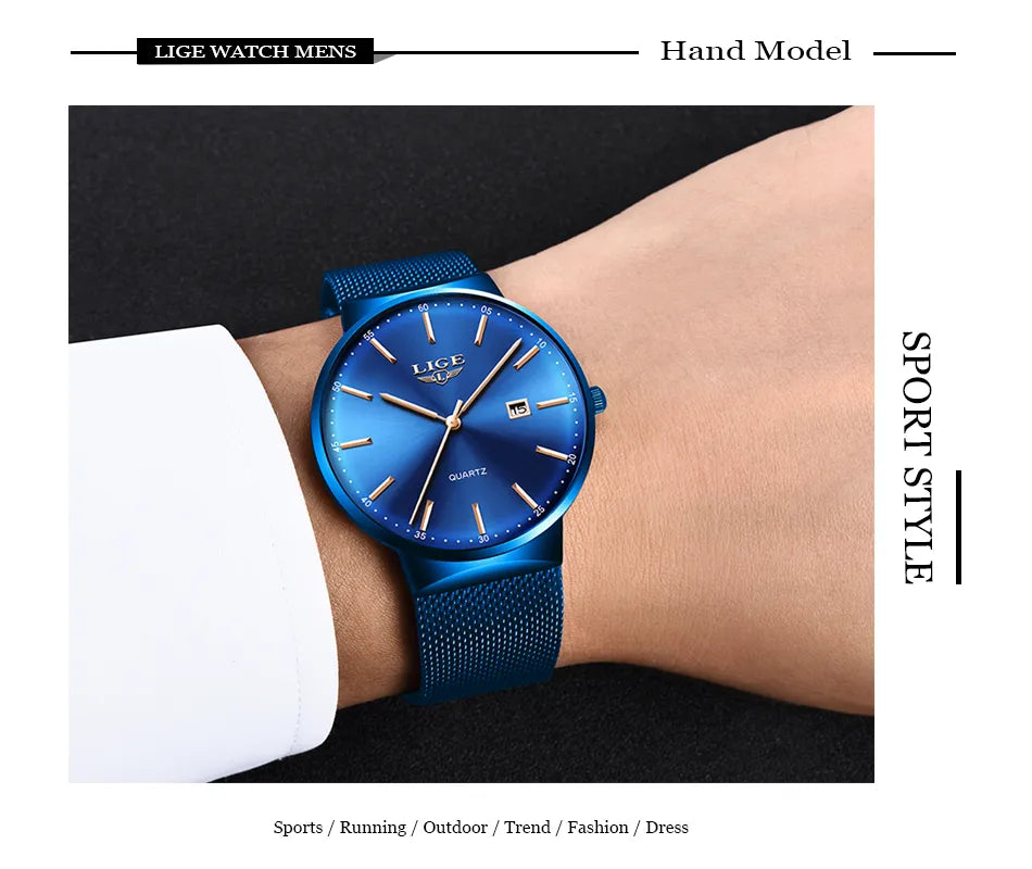 LIGE Men's Ultra Thin Waterproof Fashion Quartz Watch with Date