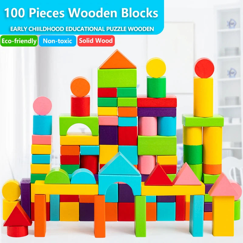 Early Educational Wooden Building Blocks Set for Children with Storage Bag