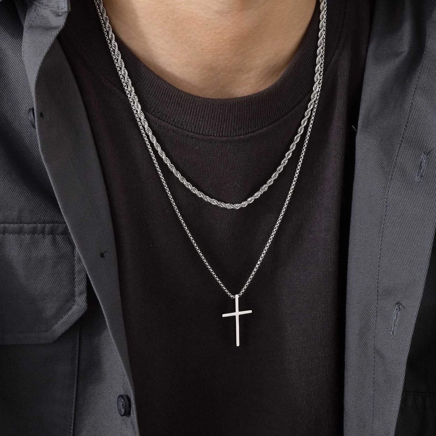 Vnox Men's Stainless Layered Steel Cross Necklace