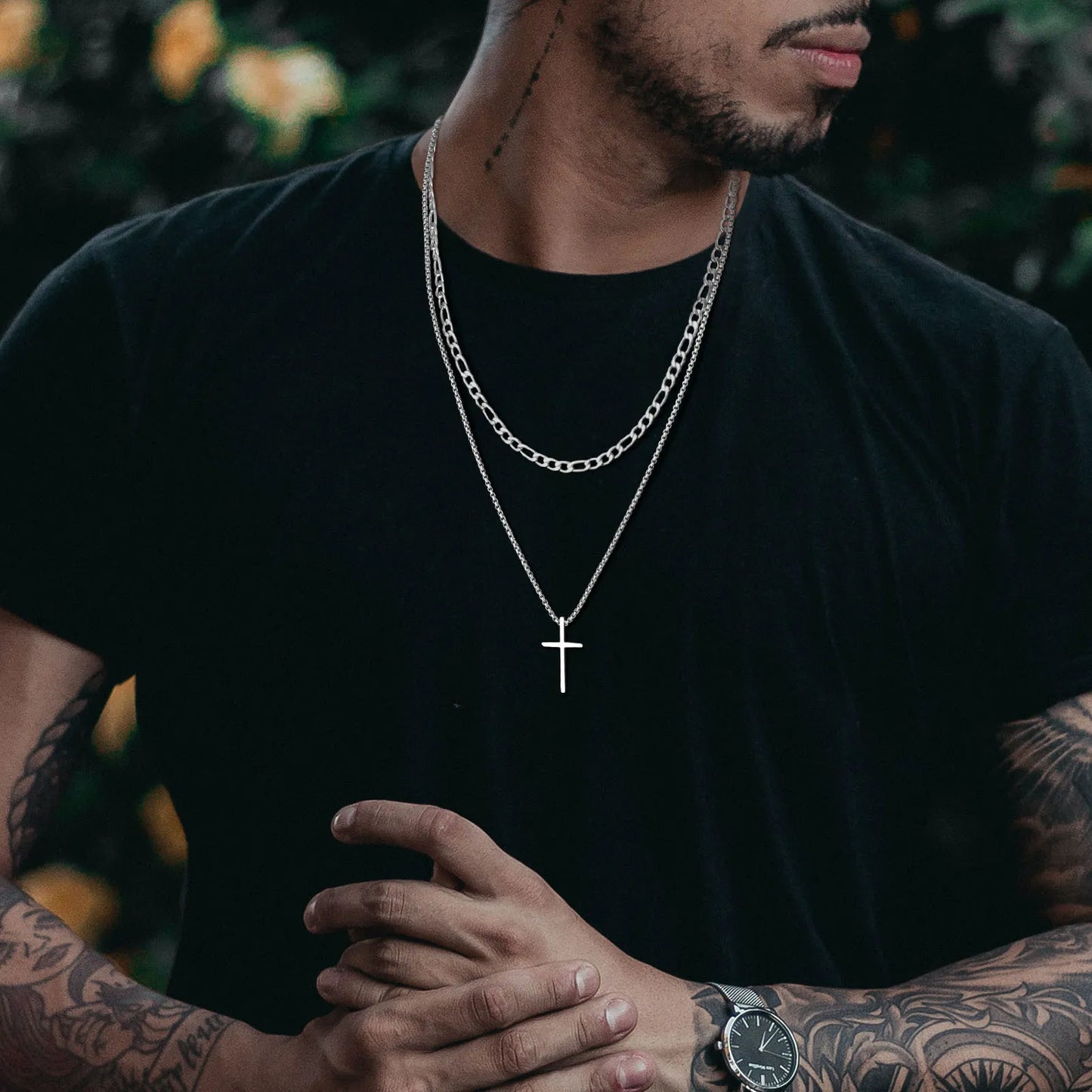 Vnox Men's Stainless Layered Steel Cross Necklace