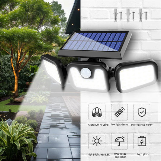 74 LED Solar Wall Lamp 3Head Luminous PIR Motion Sensor Wall Outdoor Waterproof Security Flood Light