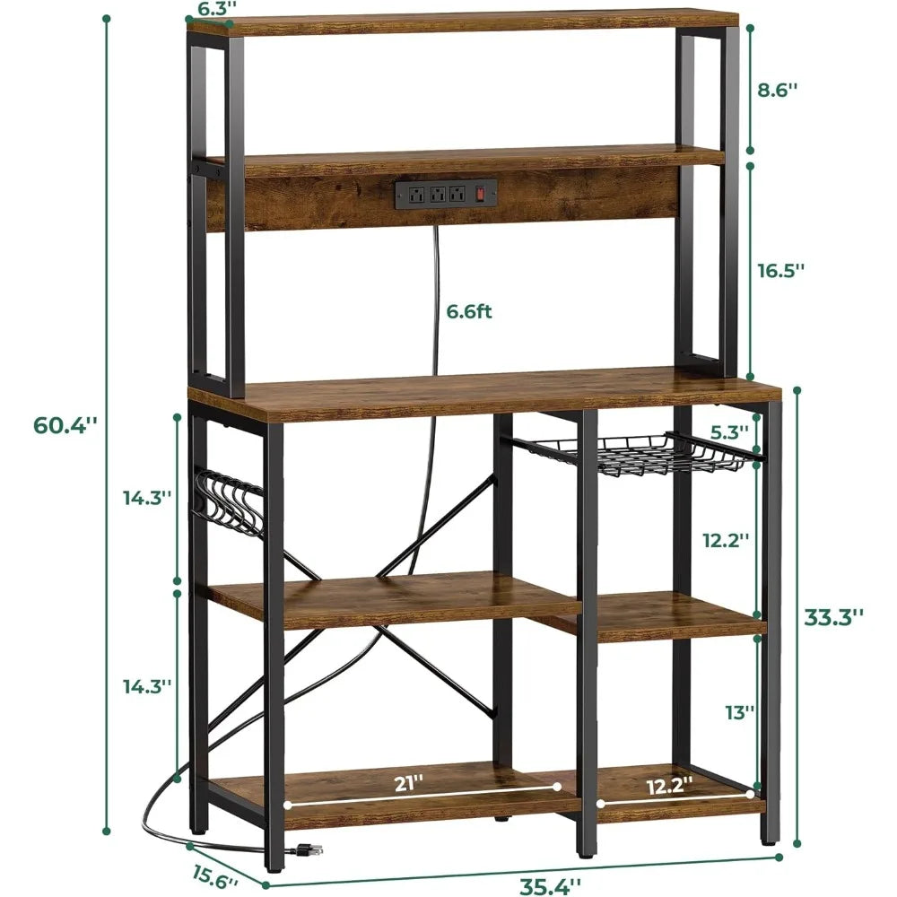 SUPERJARE Bakers Rack/Coffee Bar with Power Outlet, Wire Basket, & 6 S-Shaped Hooks