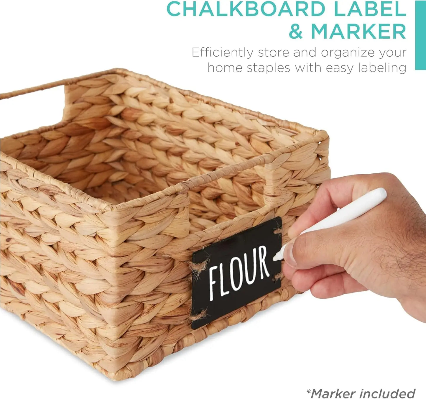 Set of 4 - 9x12in Water Hyacinth Pantry Woven Baskets for Organizing with Chalkboard Label Marker