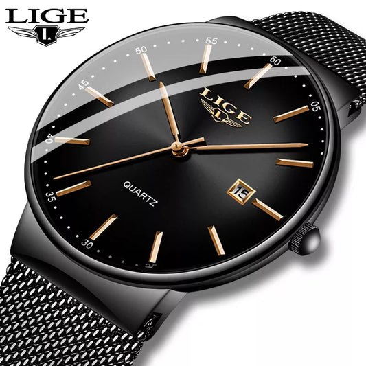 LIGE Men's Ultra Thin Waterproof Fashion Quartz Watch with Date