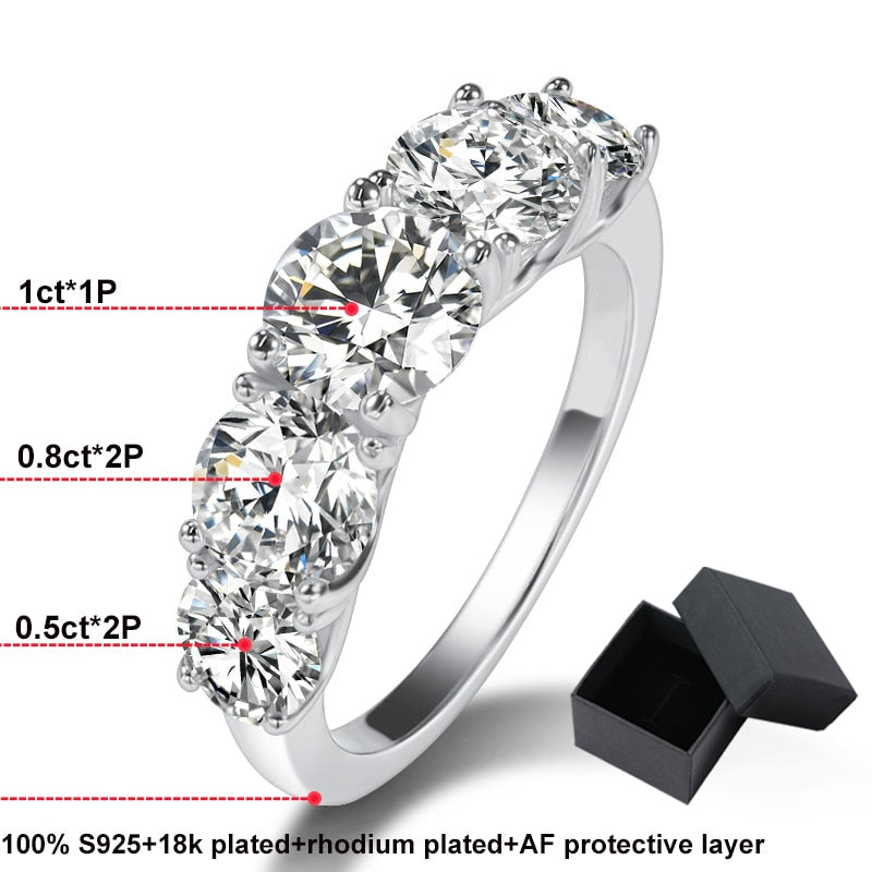 18k Plated 3.6CT All Moissanite Rings for Women 5 Stones Sparkling Diamond Wedding Band S925 Sterling Silver Jewelry - littleblackbears