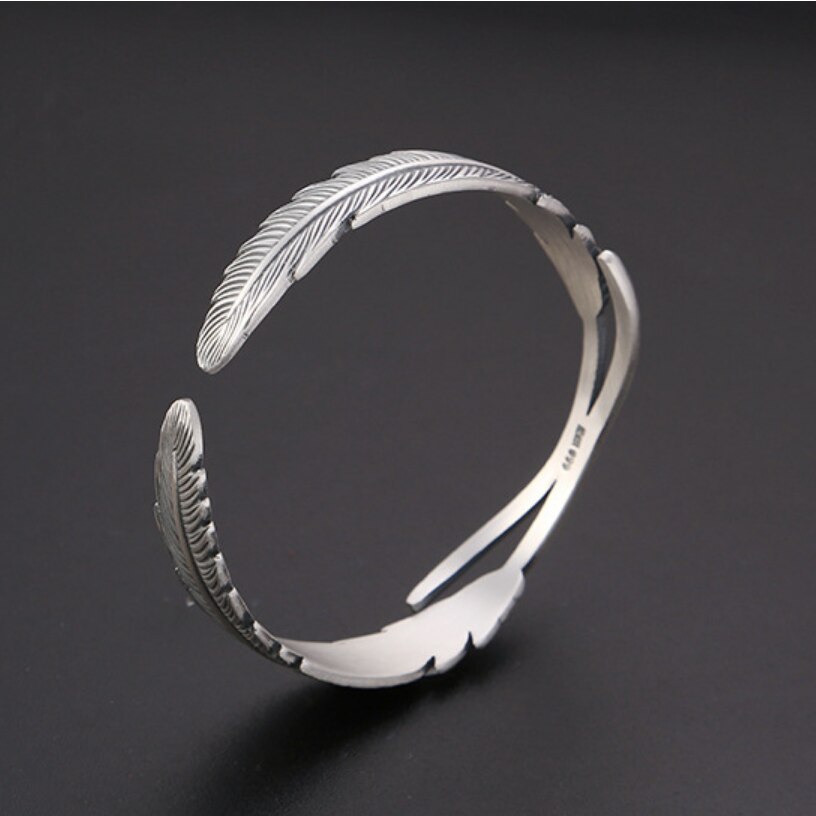 Solid 999 Sterling Silver Vintage Double Feather Bracelet Man woman 
Silver Classical Feather Open Bangle Jewelry - littleblackbears