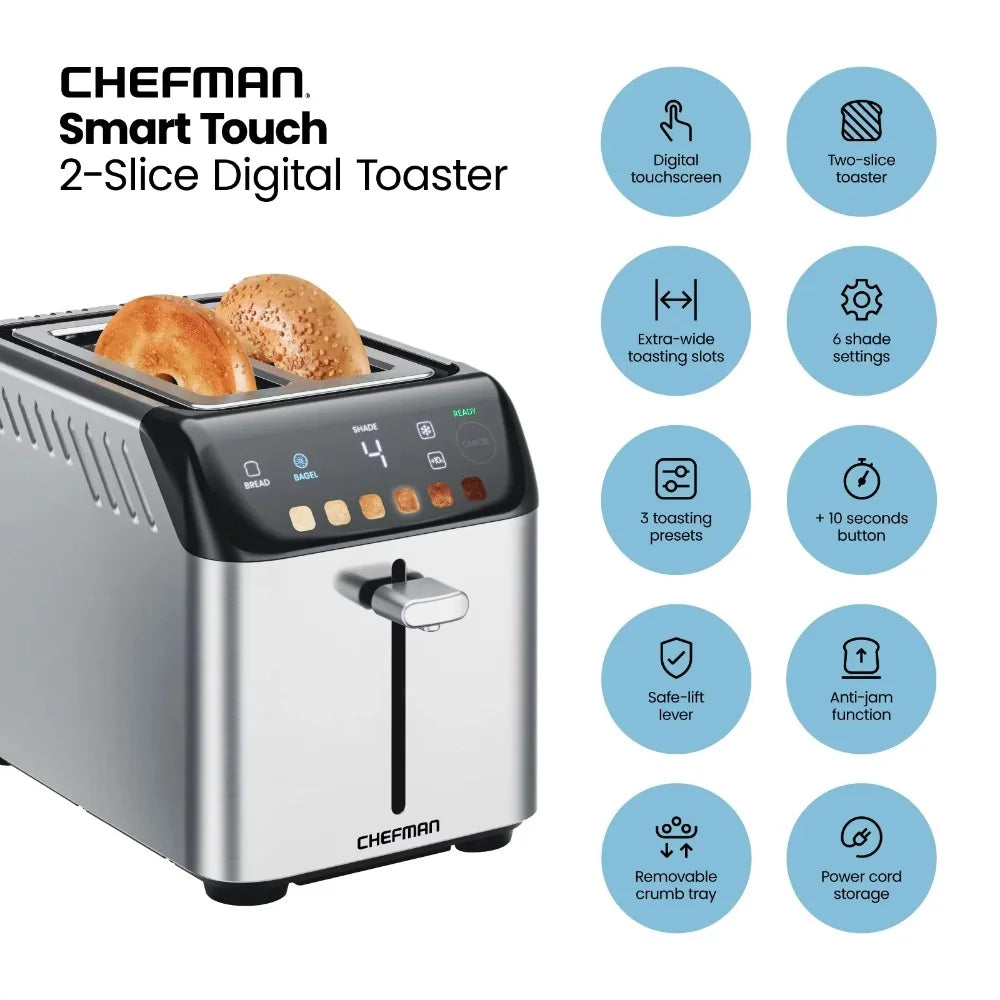 New  Smart Touch 2 Slice Digital Toaster, 6 Shade Settings, Stainless Steel, Removable Crumb Tray