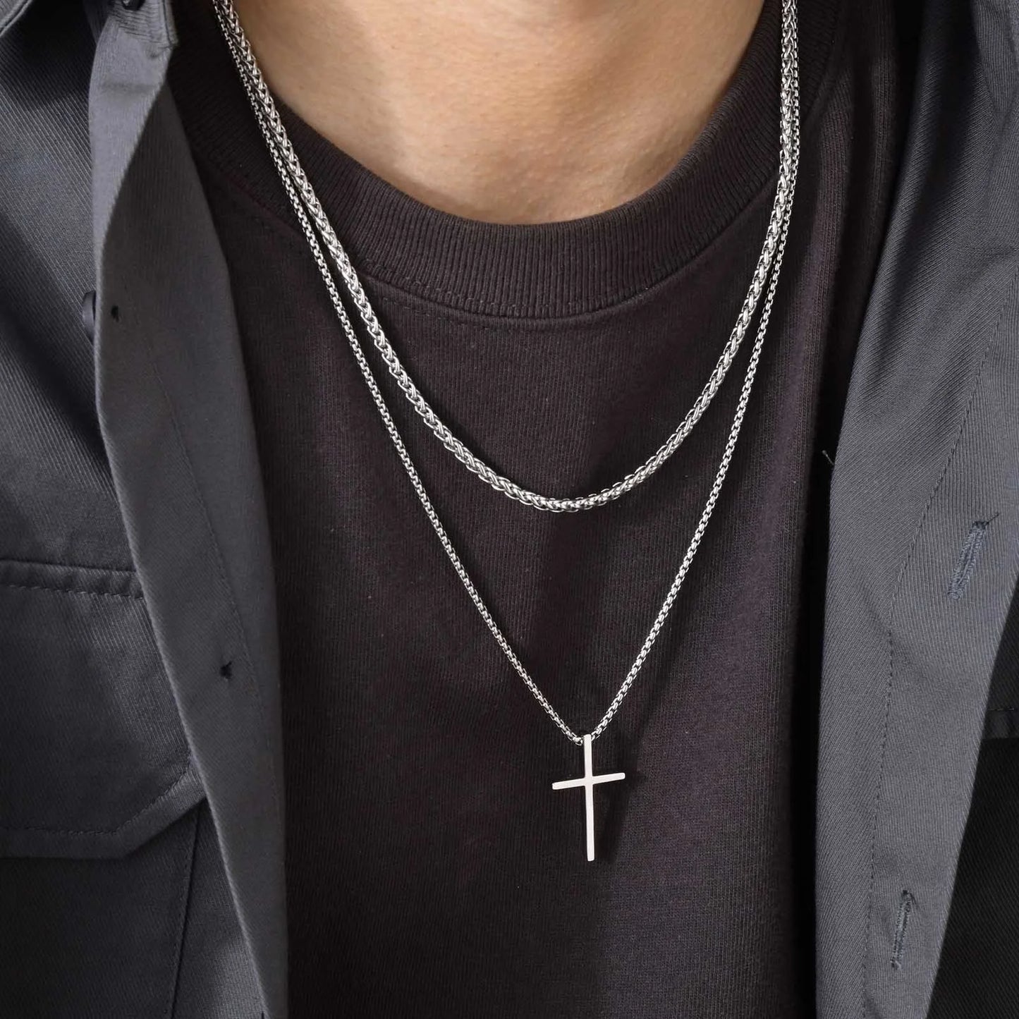 Vnox Men's Stainless Layered Steel Cross Necklace