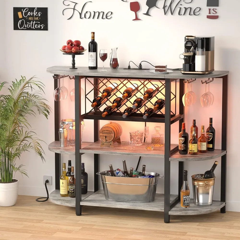 Free Standing 4-Tier Metal Cabinet with Outlet and LED Light for Liquor/ Glass Holder/ Wine Rack Storage