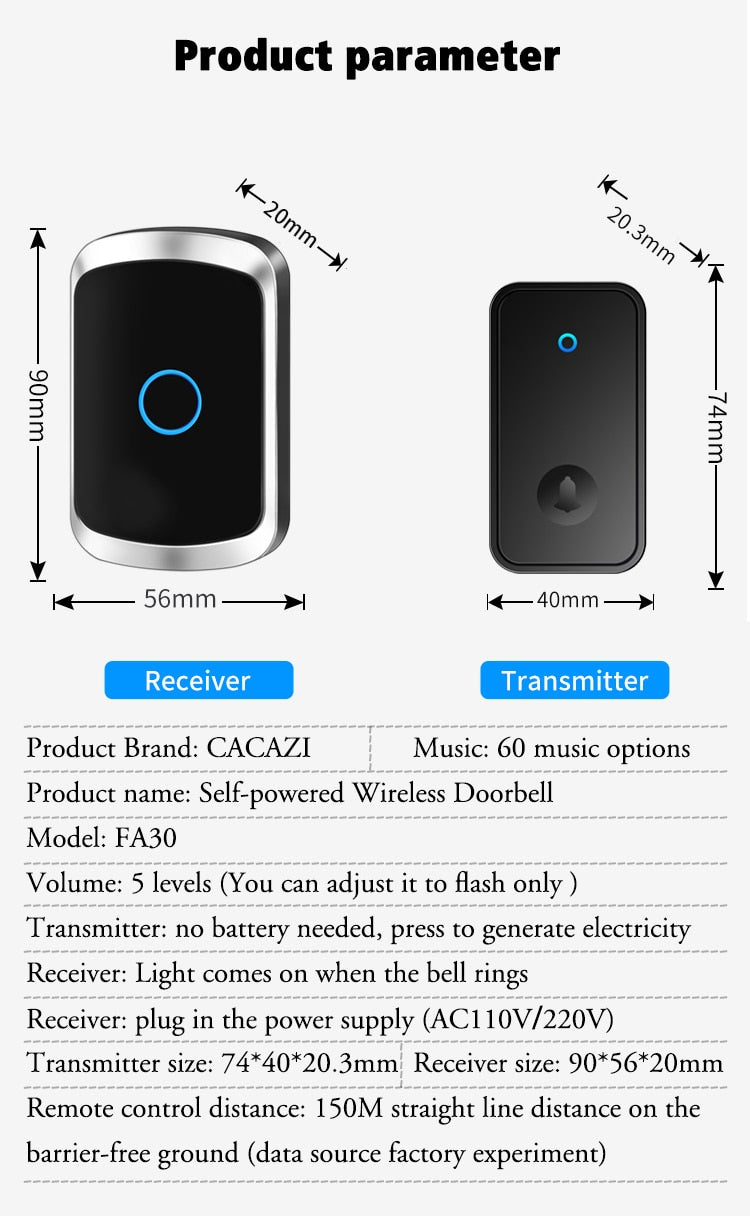 Wireless Doorbell/ No Battery required/Waterproof