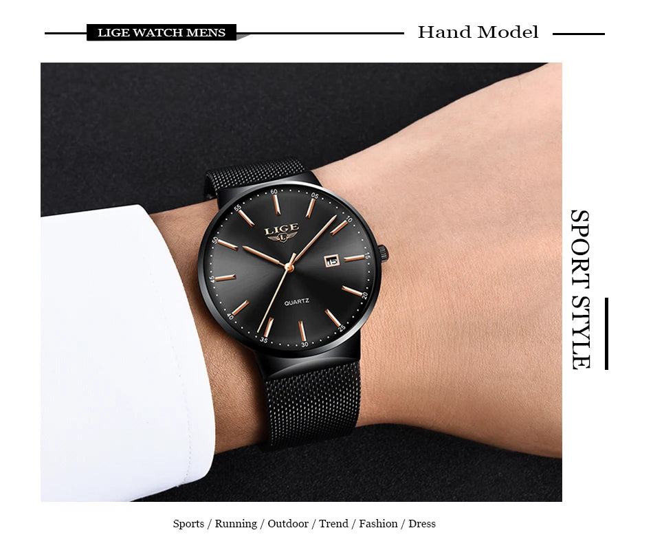 LIGE Men's Ultra Thin Waterproof Fashion Quartz Watch with Date