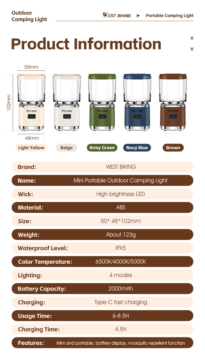 WEST BIKING Mini Portable Rechargeable Camping Light