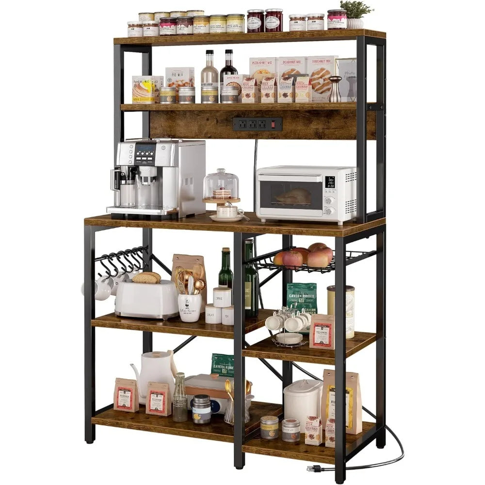 SUPERJARE Bakers Rack/Coffee Bar with Power Outlet, Wire Basket, & 6 S-Shaped Hooks