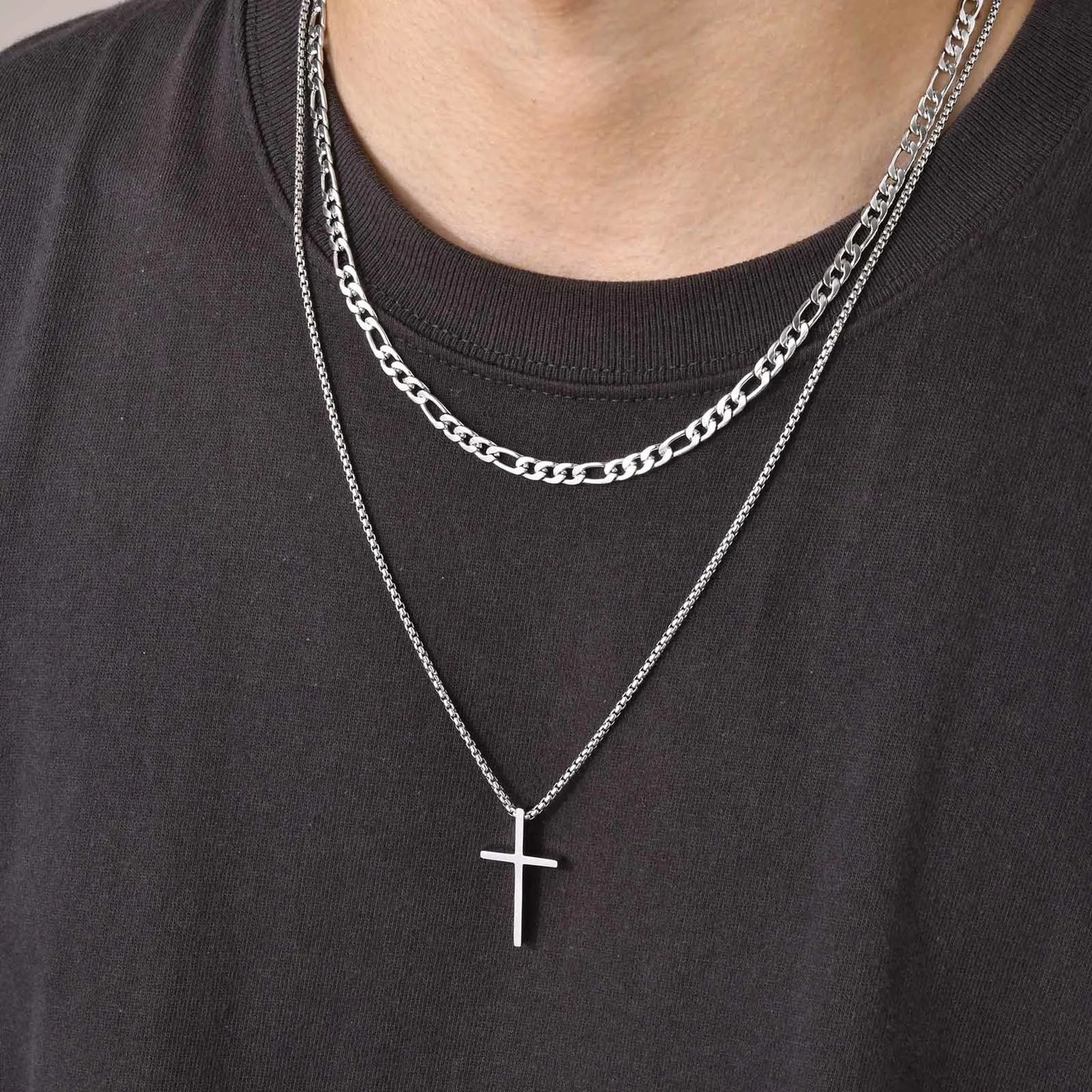 Vnox Men's Stainless Layered Steel Cross Necklace