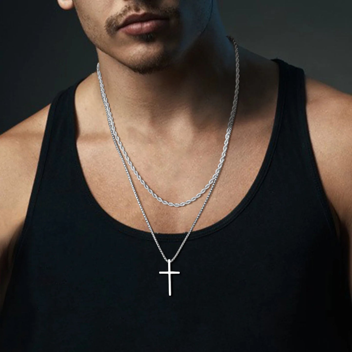 Vnox Men's Stainless Layered Steel Cross Necklace