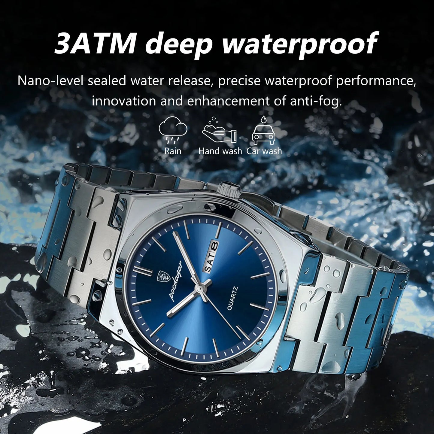 POEDAGAR Luxury Stainless Steel Quartz Waterproof Men's Watch with Luminous Date Week