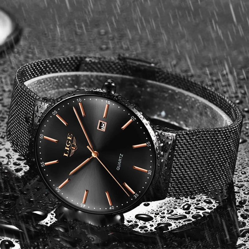 LIGE Men's Ultra Thin Waterproof Fashion Quartz Watch with Date