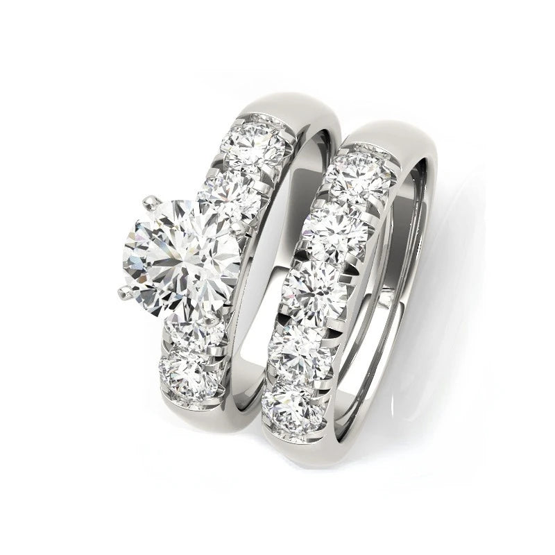 Women's Silver Rings 2 Piece Set Luxury Round 1 Carat Moissanite Diamond